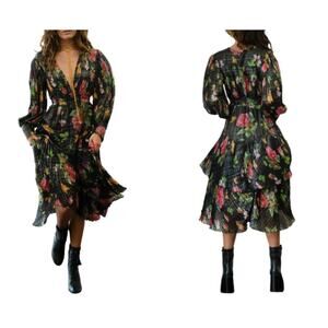 Barok Black Floral Pleated Long Sleeve Midi Dress Size Small NWOT $188 MSRP